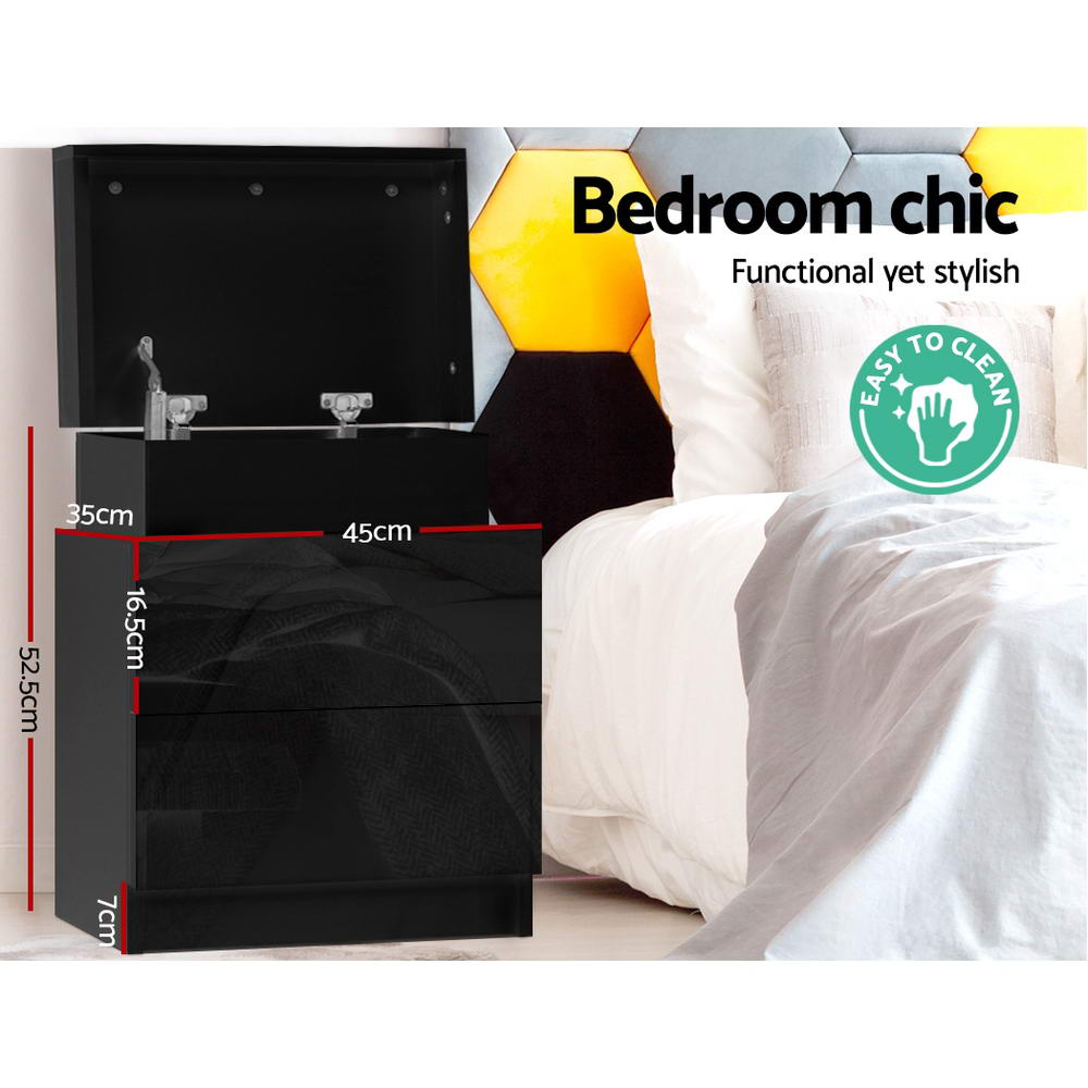 NNEDSZ Bedside Tables Side Table Drawers RGB LED High Gloss Nightstand Black