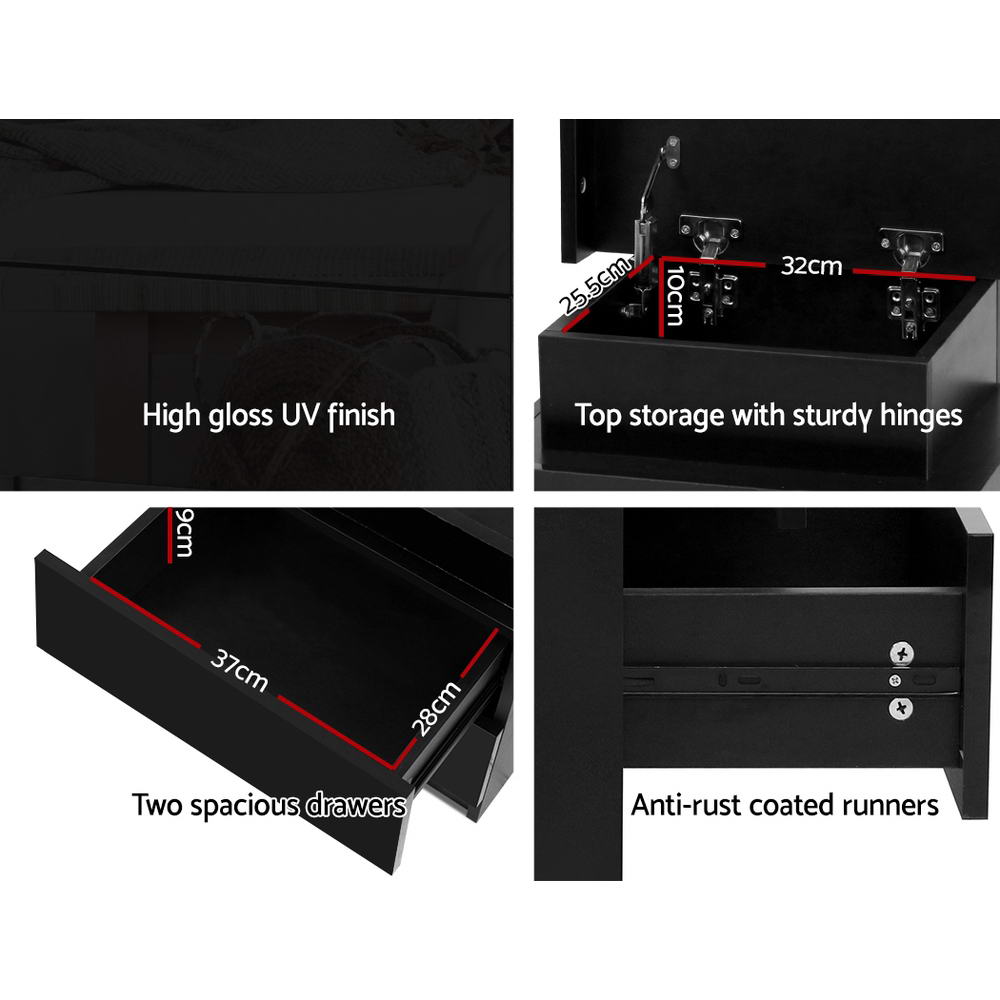 NNEDSZ Bedside Tables Side Table Drawers RGB LED High Gloss Nightstand Black