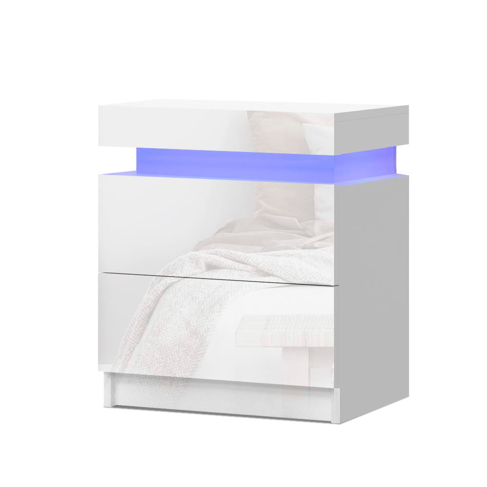 NNEDSZ Bedside Tables Side Table Drawers RGB LED High Gloss Nightstand White