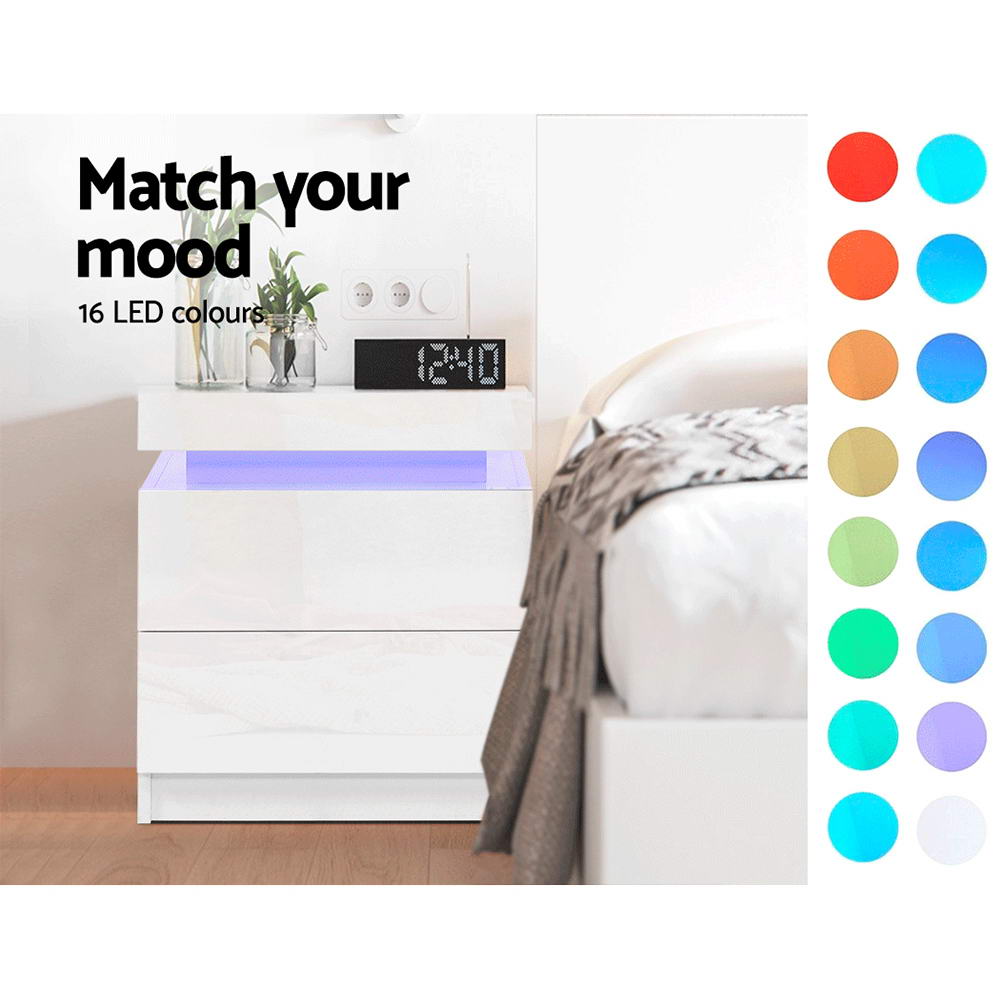 NNEDSZ Bedside Tables Side Table Drawers RGB LED High Gloss Nightstand White