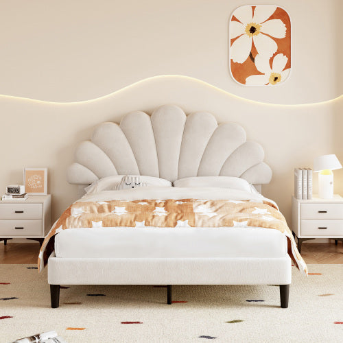 Beige Double Velvet Bed with Petal Headboard
