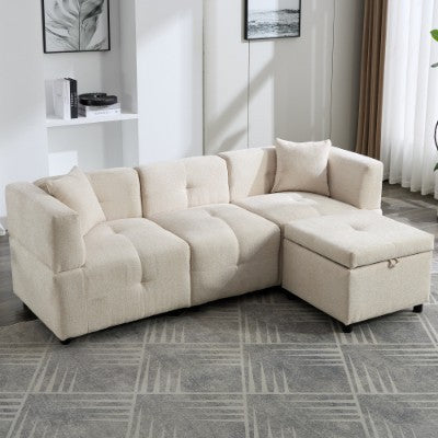 Beige L-Shaped Sofa with Storage Ottoman