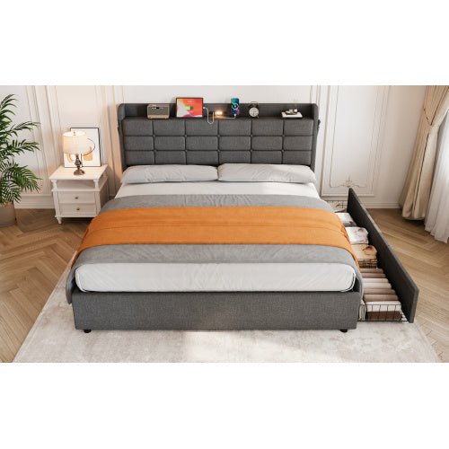 Grey King Bed Frame with Hydraulic Storage