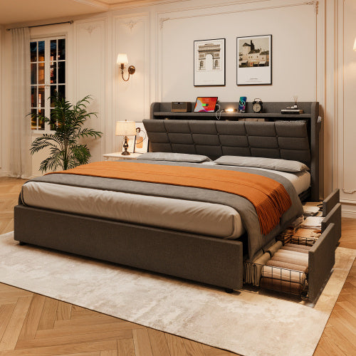 Grey King Bed Frame with Hydraulic Storage