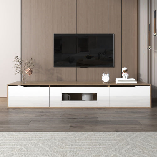 Modedevieco LED High-Gloss TV Cabinet – White & Wood Effect with Colour-Changing Lights