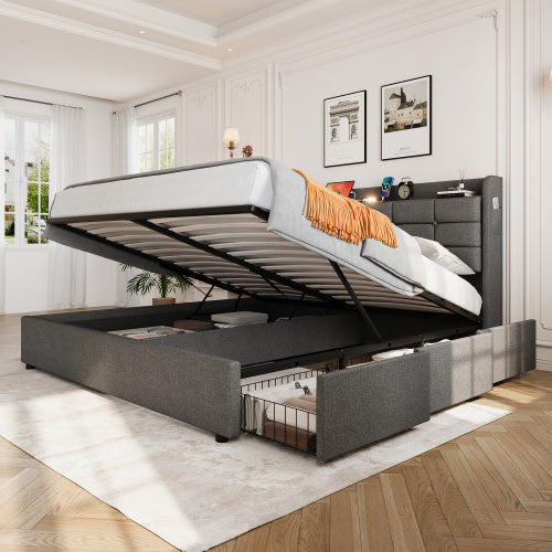 Grey King Bed Frame with Hydraulic Storage