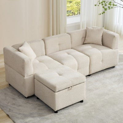 Beige L-Shaped Sofa with Storage Ottoman