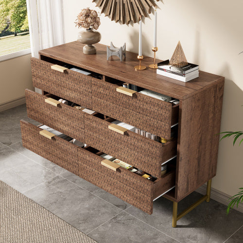 Modern Walnut Embossed Sideboard – 6 Drawer Anti-Tip Dresser