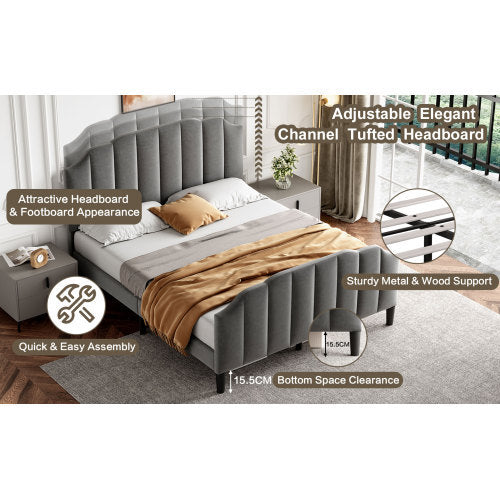 Grey Double Upholstered Bed with Adjustable Headboard