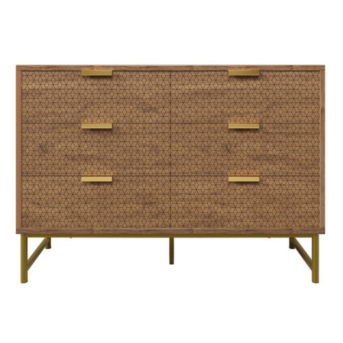 Modern Walnut Embossed Sideboard – 6 Drawer Anti-Tip Dresser