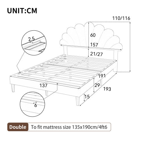 Beige Double Velvet Bed with Petal Headboard