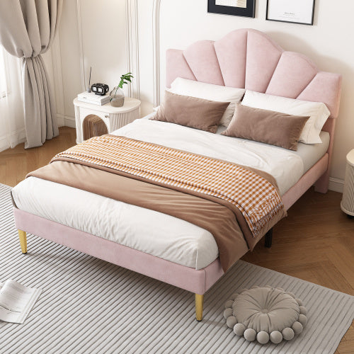Designer King Size Bed – Velvet Upholstery, Shell-Inspired Headboard