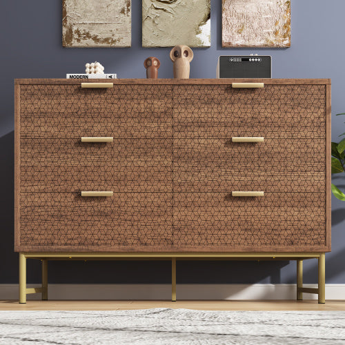 Modern Walnut Embossed Sideboard – 6 Drawer Anti-Tip Dresser