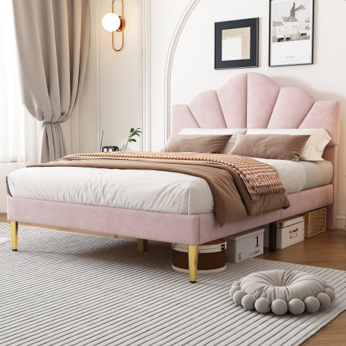 Designer King Size Bed – Velvet Upholstery, Shell-Inspired Headboard