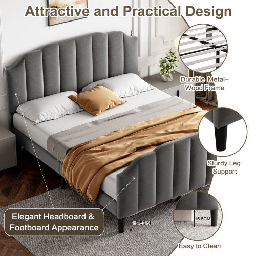 Grey Double Upholstered Bed with Adjustable Headboard