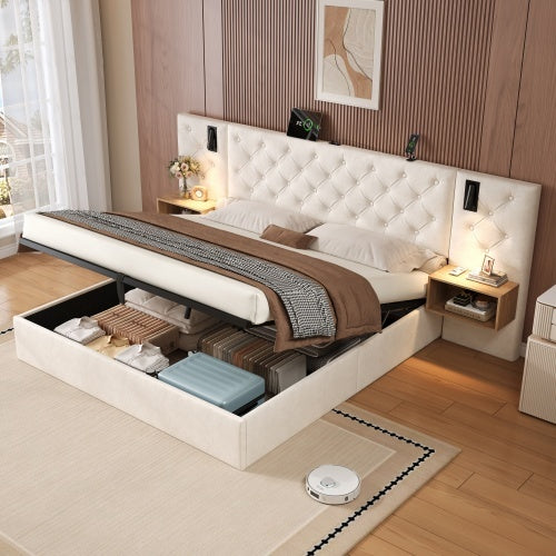 Luxury King Bed Frame – Beige Velvet Upholstered Storage Bed