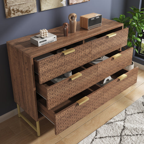 Modern Walnut Embossed Sideboard – 6 Drawer Anti-Tip Dresser