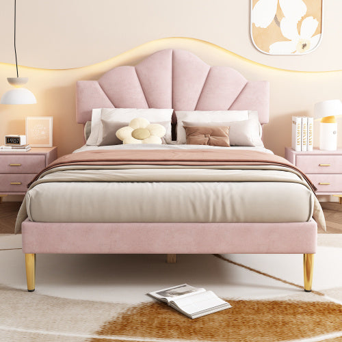 Designer King Size Bed – Velvet Upholstery, Shell-Inspired Headboard