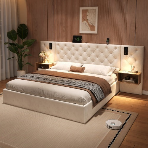 Luxury King Bed Frame – Beige Velvet Upholstered Storage Bed