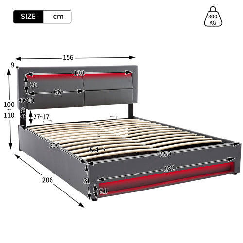 Grey King Upholstered Bed with LED Lighting