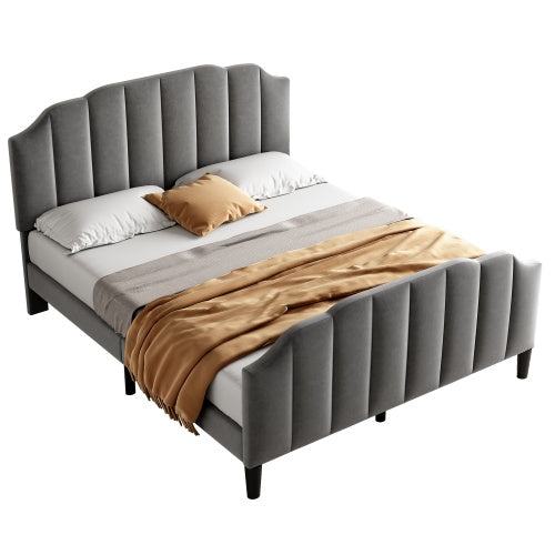 Grey Double Upholstered Bed with Adjustable Headboard