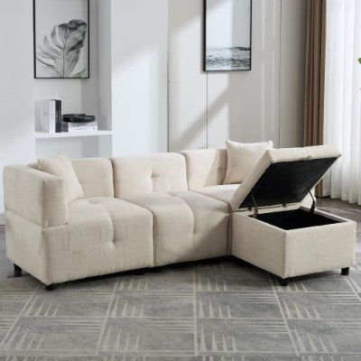 Beige L-Shaped Sofa with Storage Ottoman