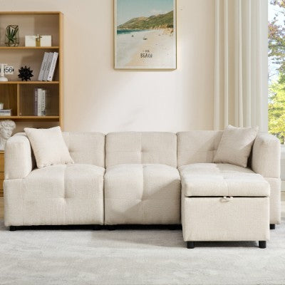 Beige L-Shaped Sofa with Storage Ottoman