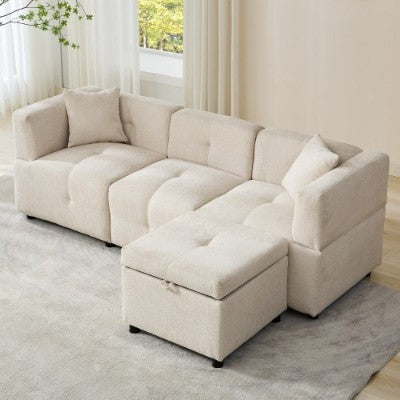 Beige L-Shaped Sofa with Storage Ottoman