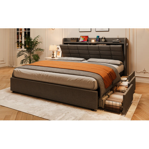 Grey King Bed Frame with Hydraulic Storage