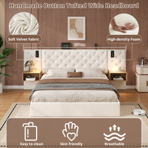 Luxury King Bed Frame – Beige Velvet Upholstered Storage Bed