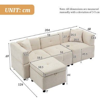 Beige L-Shaped Sofa with Storage Ottoman